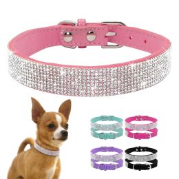 Dog Collar Crystal Glitter Rhinestone Pet Collars Zinc Alloy Buckle Collar For Small Medium Dogs Cats Chihuahua Pug Dog Collar (Color: light blue)