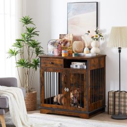 Dog crates;  indoor pet crate end tables;  decorative wooden kennels with removable trays. (Color: Rustic Brown)