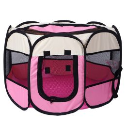 Folding Dog House Octagonal Cage Pet Cage Portable Pet Tent Large Dogs House (Color: Pink)