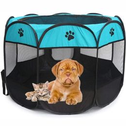 Folding Dog House Octagonal Cage Pet Cage Portable Pet Tent Large Dogs House (Color: Blue)