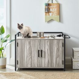 Hidden Cat Litter Box Furniture with Ventilation and Bench Seat;  Pet Crate with Iron and Wood Sturdy Structure (Color: Grey)