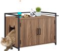 Hidden Cat Litter Box Furniture with Ventilation and Bench Seat;  Pet Crate with Iron and Wood Sturdy Structure